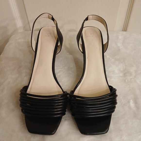 Halston Hong Kong Black Sling Back Strappy Square Toe Kitten Heel Sandals 9 - Picture 3 of 8